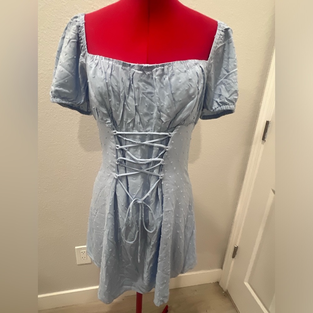 Light Blue Puff Sleeve Tie-Front Summer Dress - Picture 7 of 16